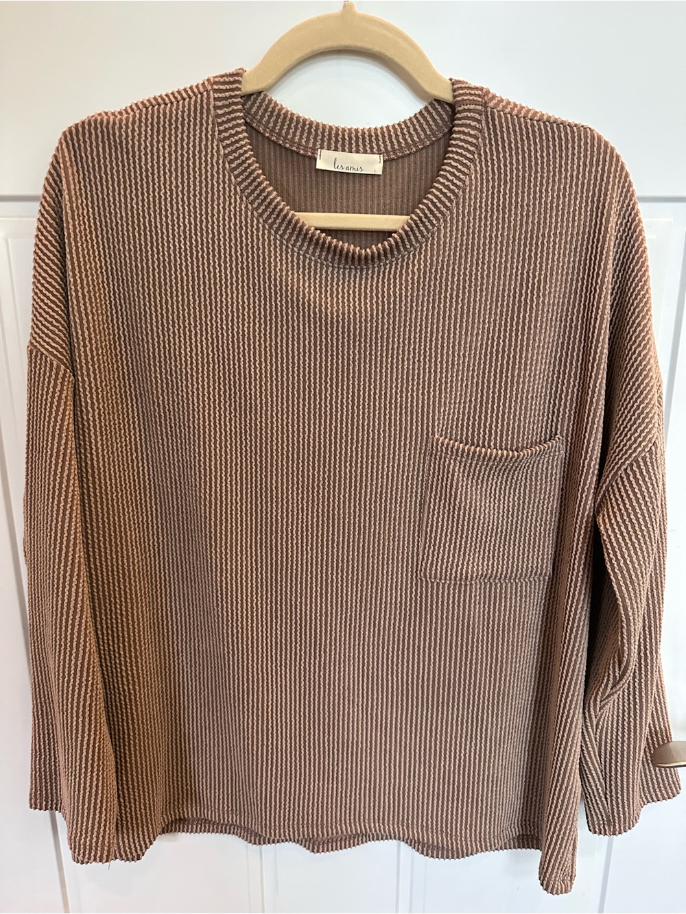 Les Amis Brown Ribbed Crewneck Pocket Sweater Tan Relaxed Long Sleeve Boutique